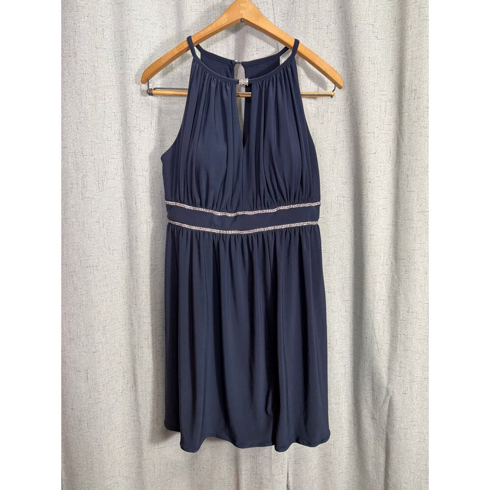 Oleg Cassini Navy Short Prom Dress, Rhinestone Empire Waist, Halter Top